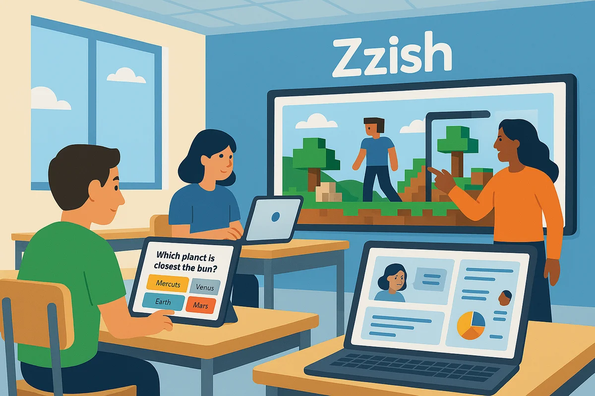 Zzish product experiences spanning Quizalize games, insights dashboards, and AI tutoring