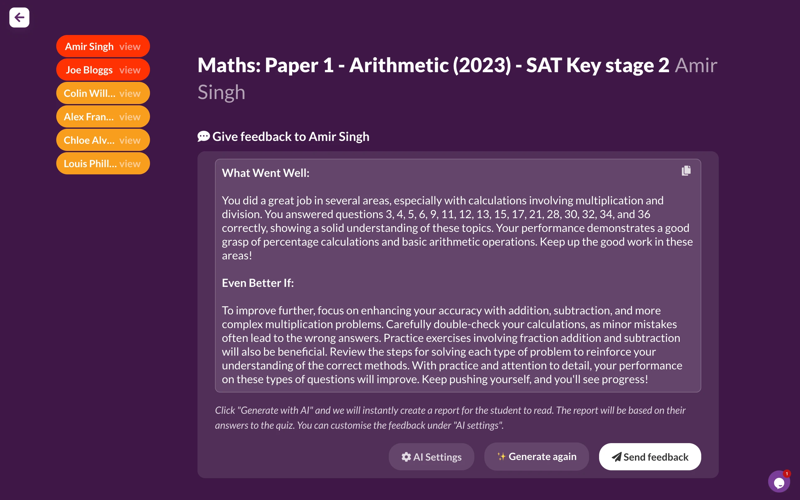 AI-generated personalised feedback for each student